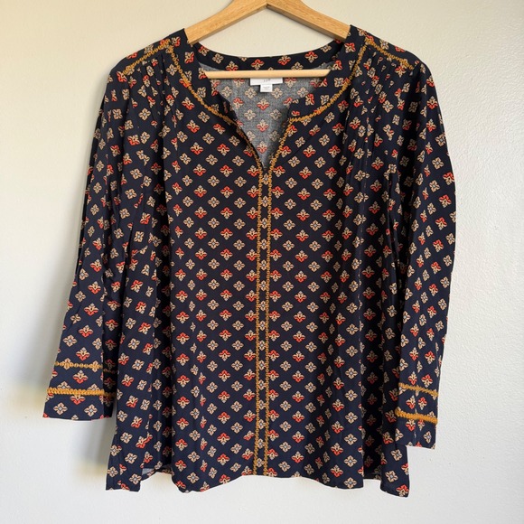 J. Jill Tops - J. Jill Petite Navy Blue Geometric Tile Print Embroidered Split Neck Blouse L P